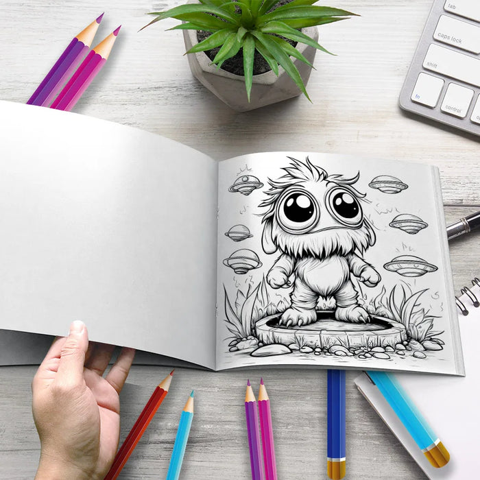 An open page showing a fluffy little monster ready to color