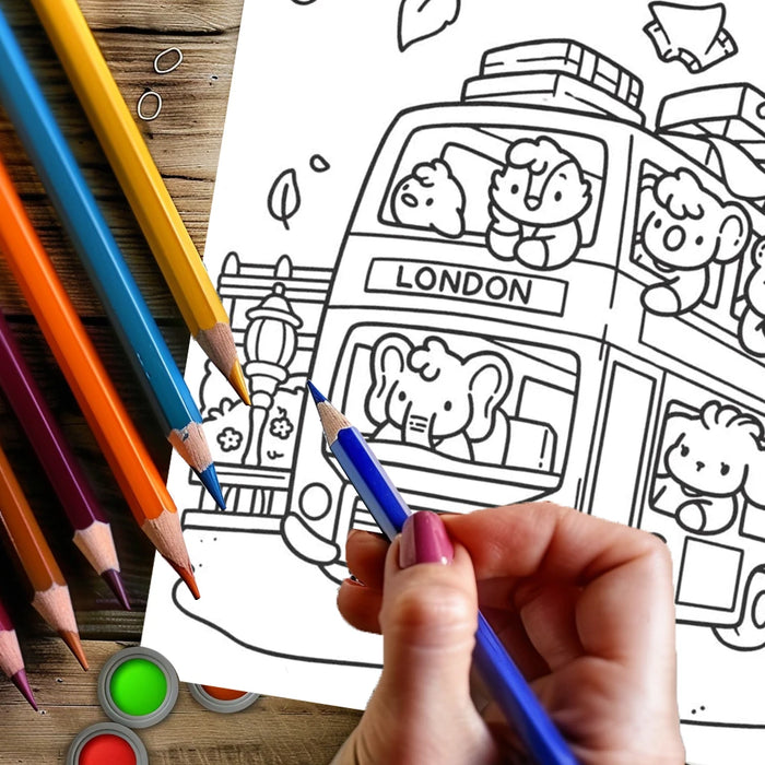 A line-art page of animals riding a London bus, from Cozy World Coloring Books