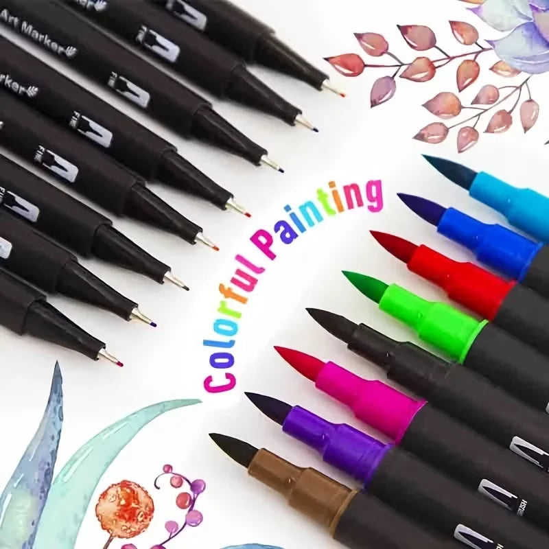 Double-ended watercolor brush markers and a colorful painting