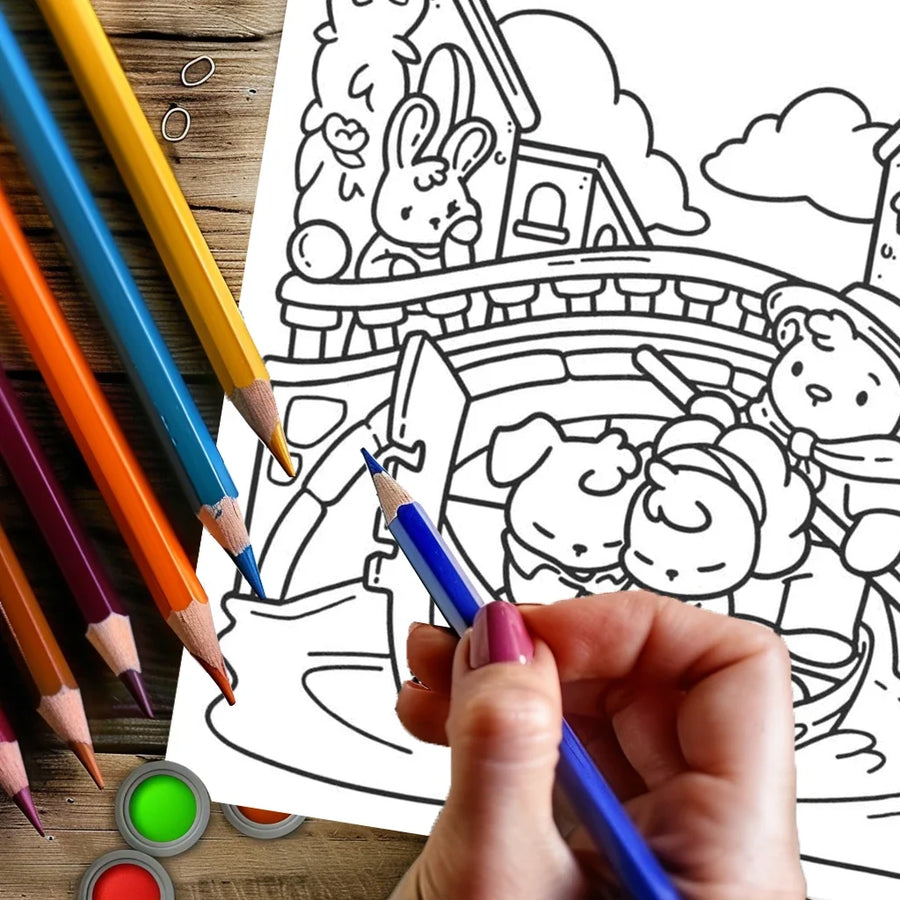 Hand coloring a cozy coloring book page with colored pencils